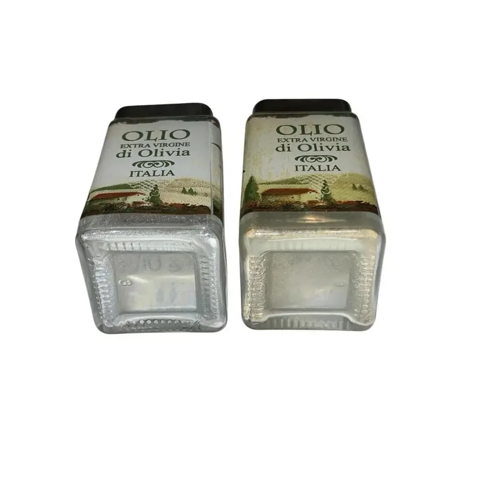 Tuscan Olive Oil Glass Salt Pepper Shakers Set‎ Square Metal Lids Kitchen Decor